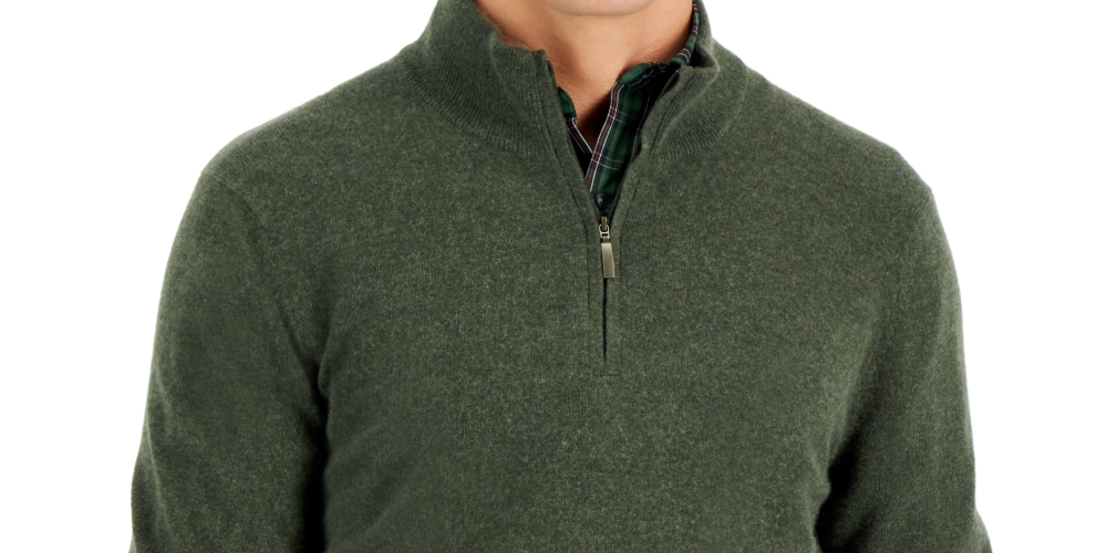 Suéter masculino de cashmere com zíper de um quarto, verde, tamanho extragrande