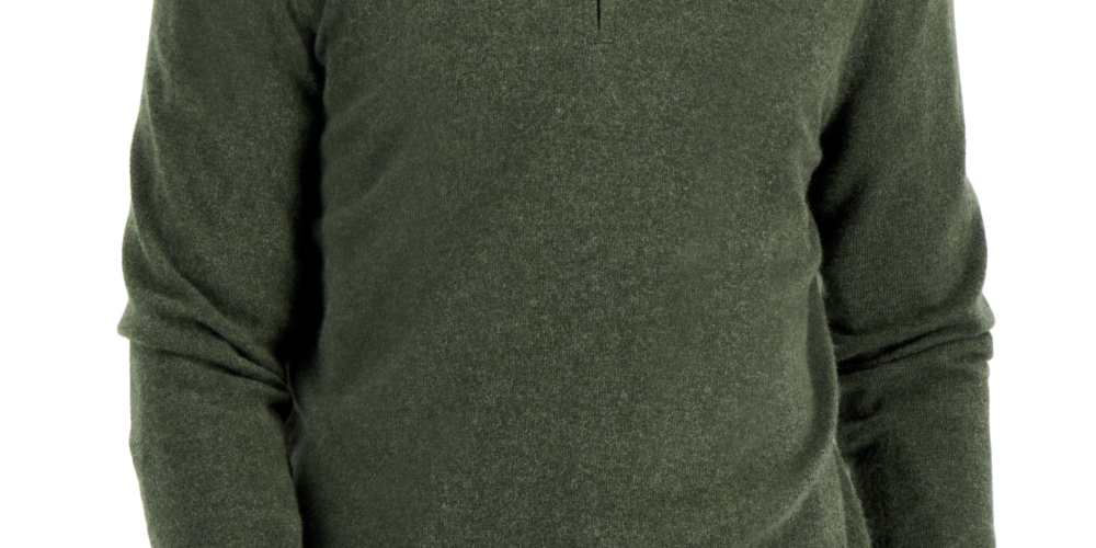 Suéter masculino de cashmere com zíper de um quarto, verde, tamanho extragrande