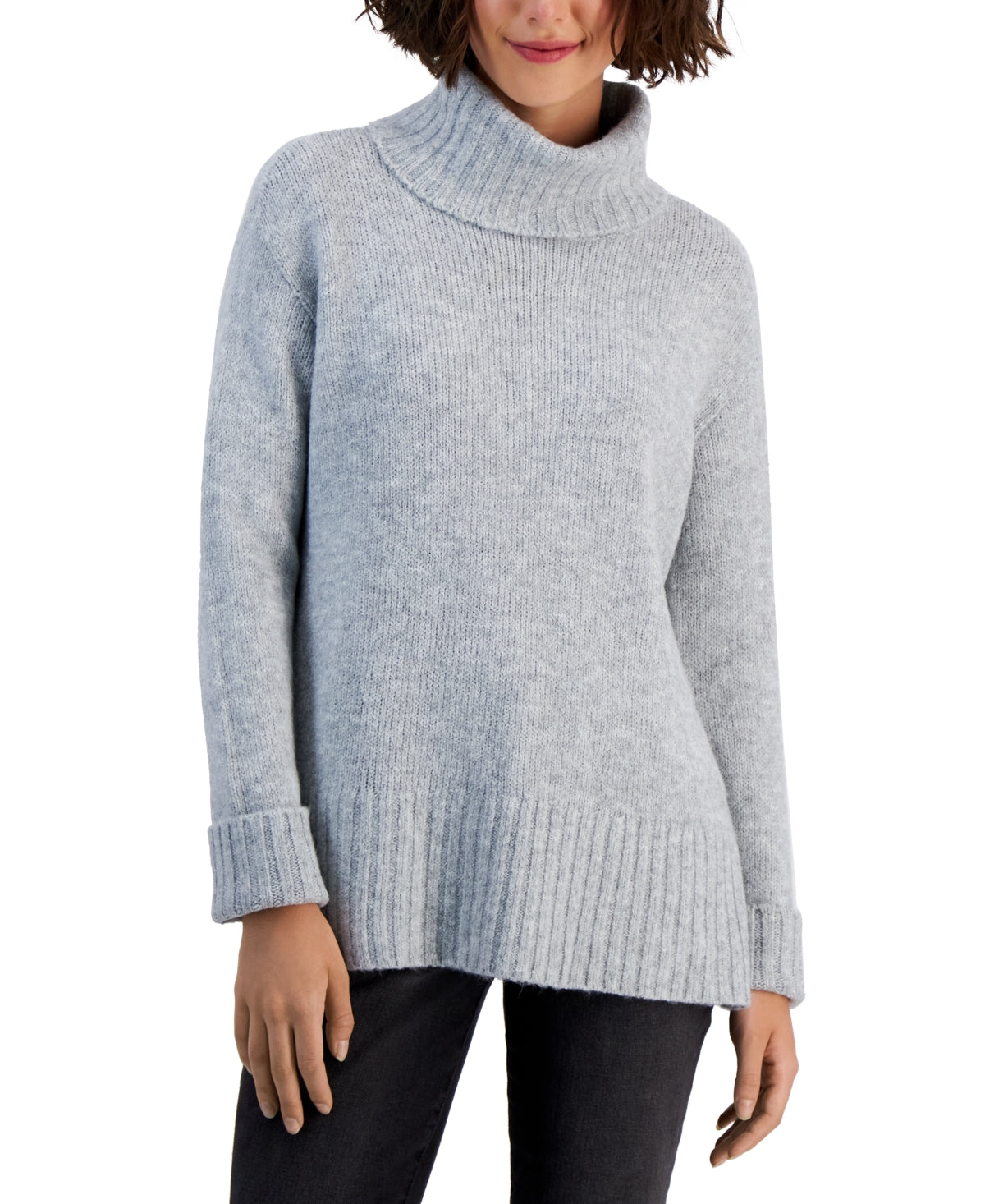 Suéter feminino de gola alta com acabamento canelado, cinza, tamanho médio, estilo &amp; co