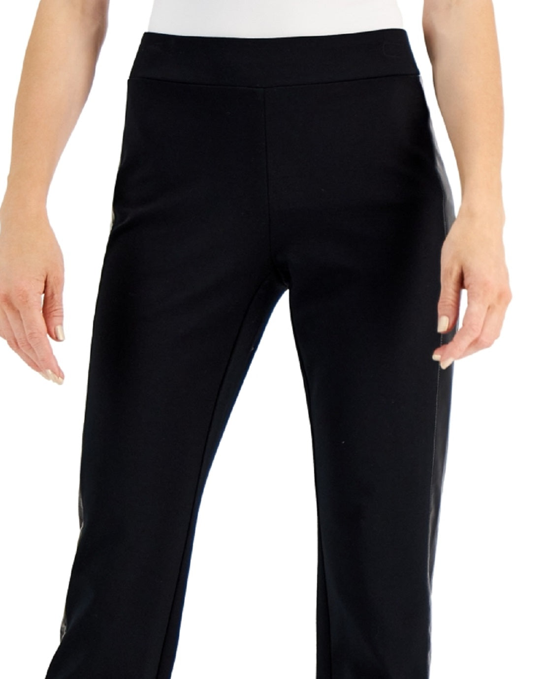 Calça feminina com acabamento em couro sintético JM Collection, preta, tamanho pequeno médio