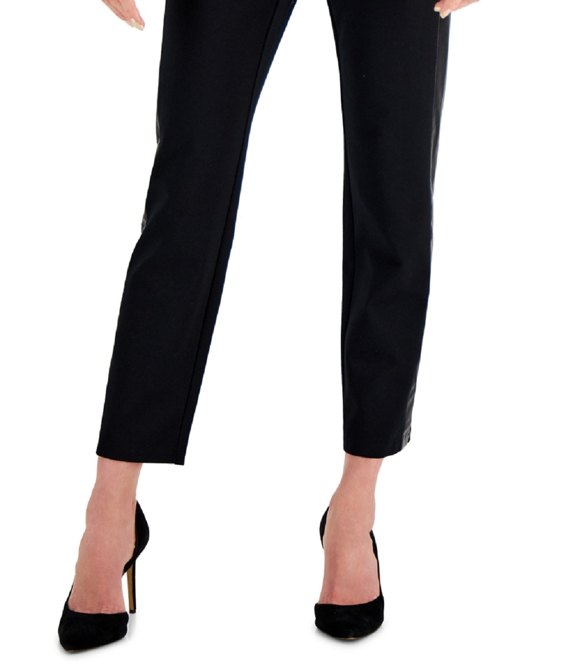 Calça feminina com acabamento em couro sintético JM Collection, preta, tamanho pequeno médio