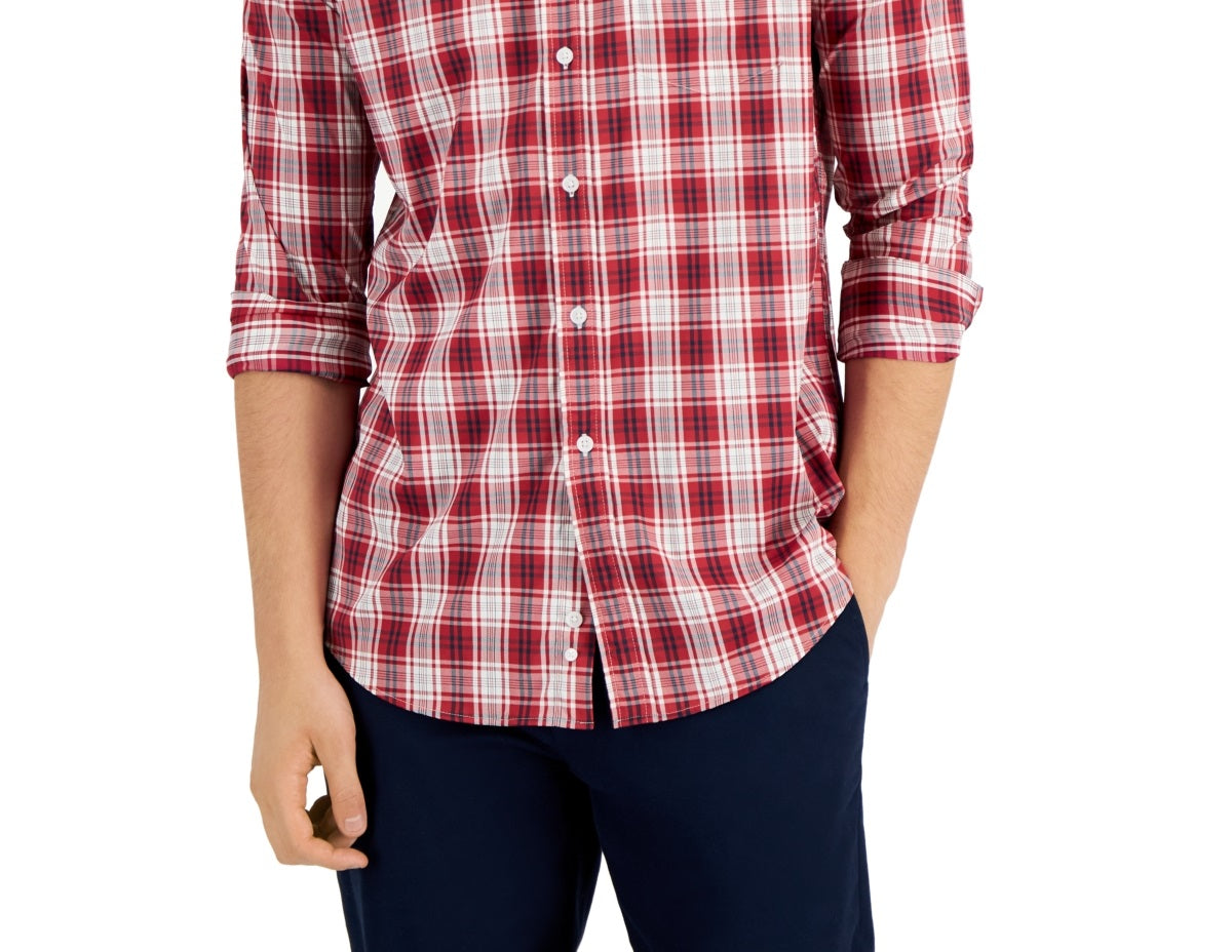 Camisa xadrez masculina Club Room Tech Woven com botões, vermelha, tamanho extragrande