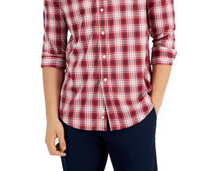 Camisa xadrez masculina Club Room Tech Woven com botões, vermelha, tamanho extragrande