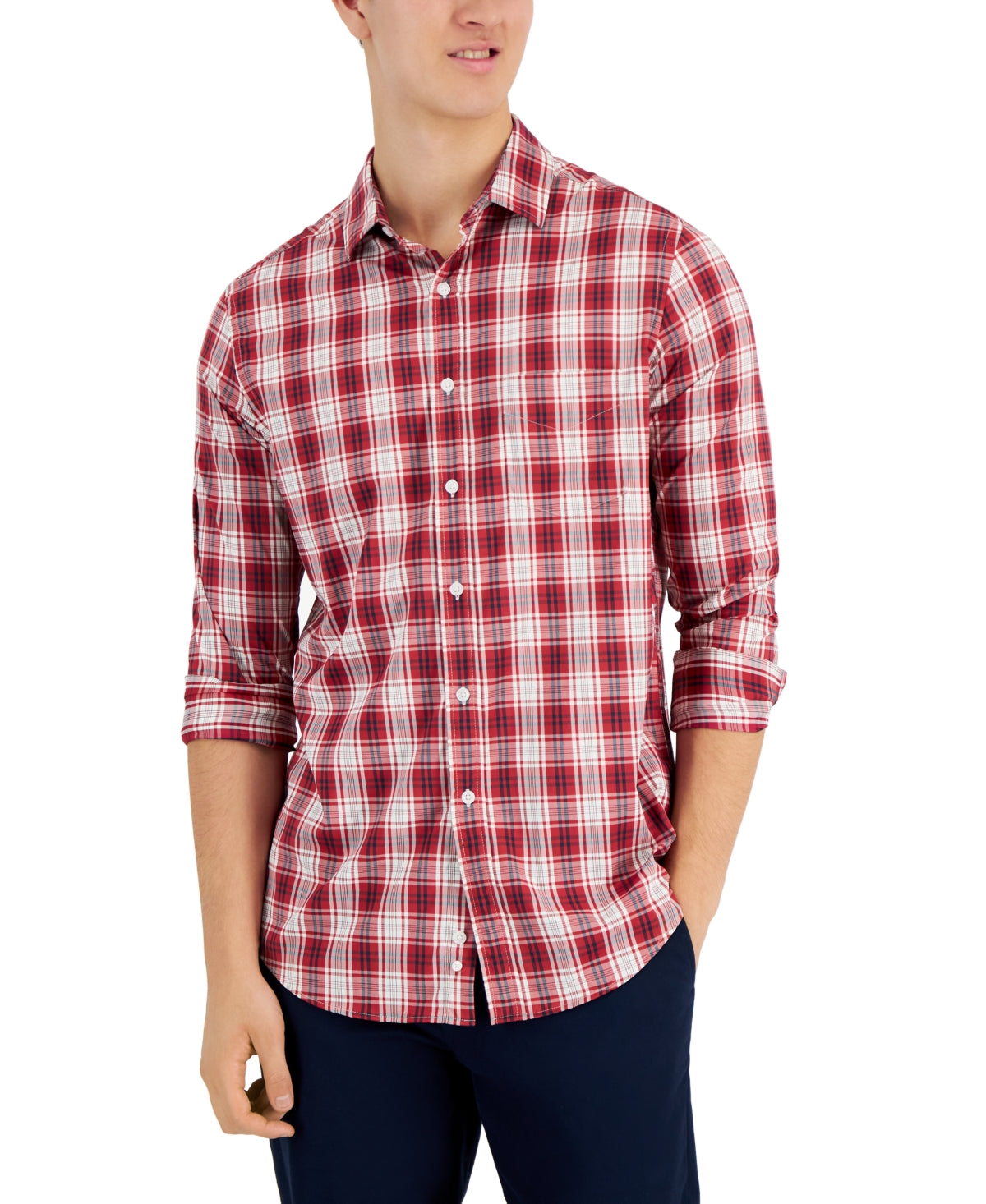 Camisa xadrez masculina Club Room Tech Woven com botões, vermelha, tamanho extragrande