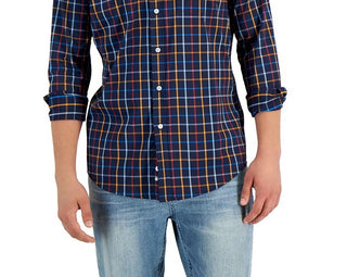 Camisa xadrez masculina Club Room com botões, azul, tamanho pequeno