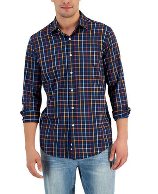 Camisa xadrez masculina Club Room com botões, azul, tamanho pequeno