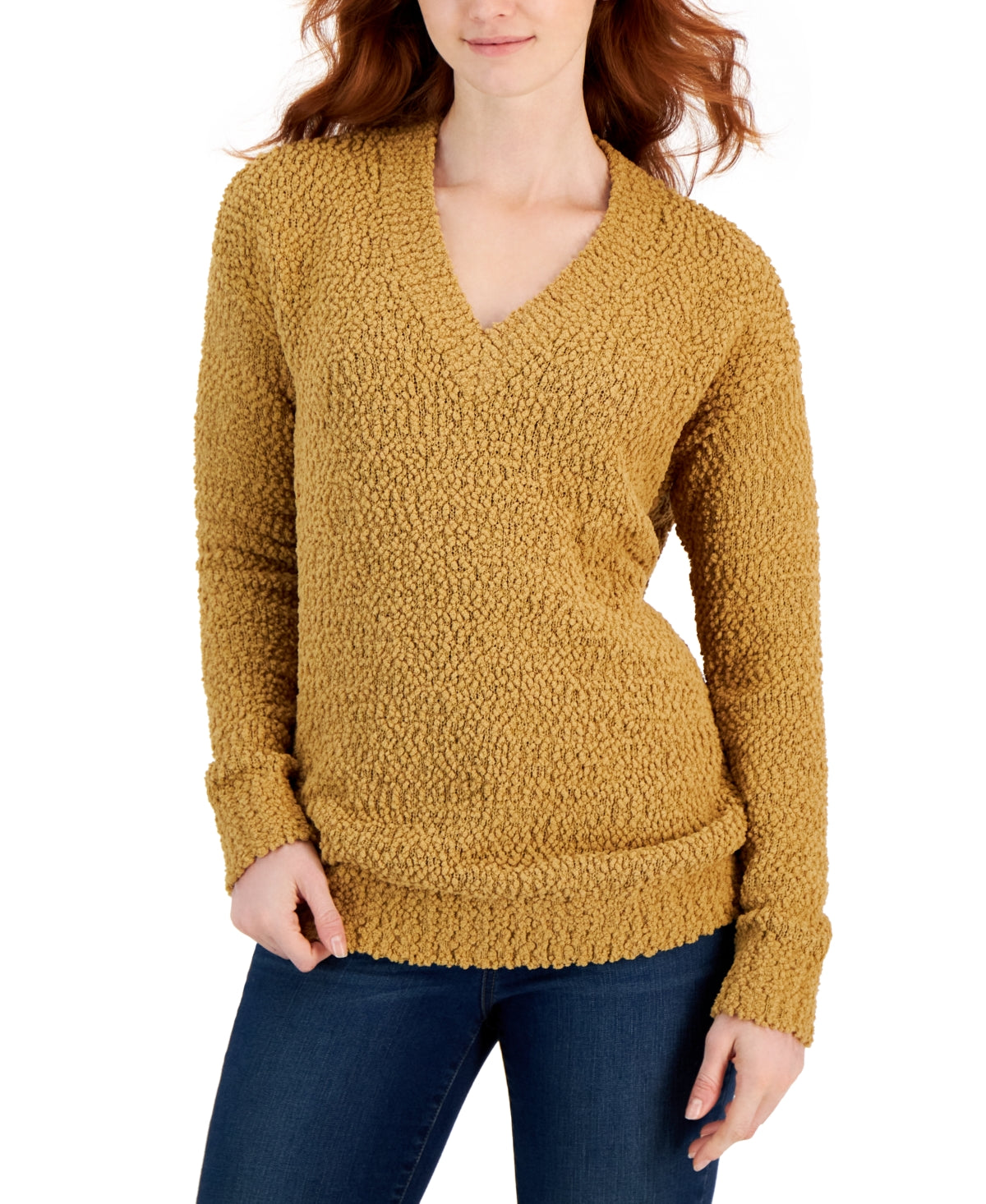 Suéter feminino Teddy Boucle com decote em V, marrom, tamanho XX-G