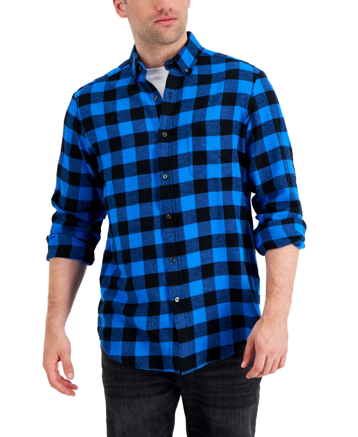 Camisa de flanela xadrez masculina Club Room, tamanho regular, azul, tamanho pequeno