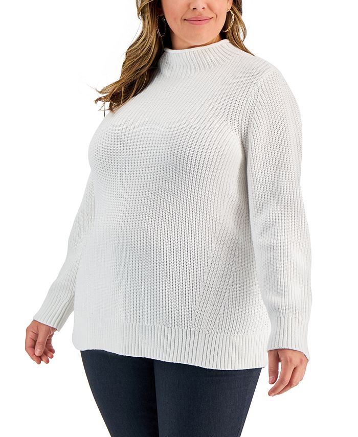 Karen Scott Suéter Feminino de Algodão com Gola Careca e Canelado, Branco, Tamanho 1X