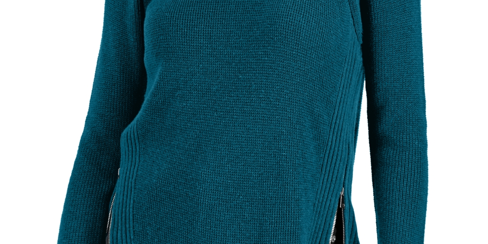 Suéter túnica feminino de malha waffle com zíper lateral, azul, tamanho pequeno, da INC International Concepts