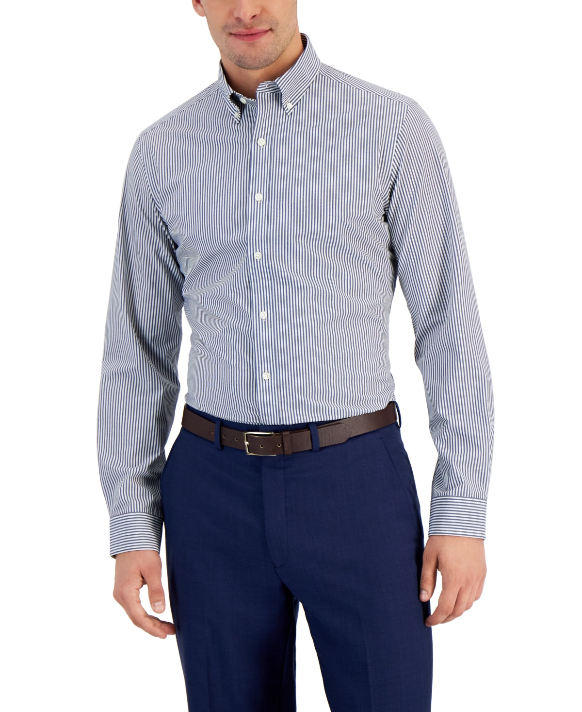 Camisa listrada slim fit masculina Club Room, azul, tamanho médio