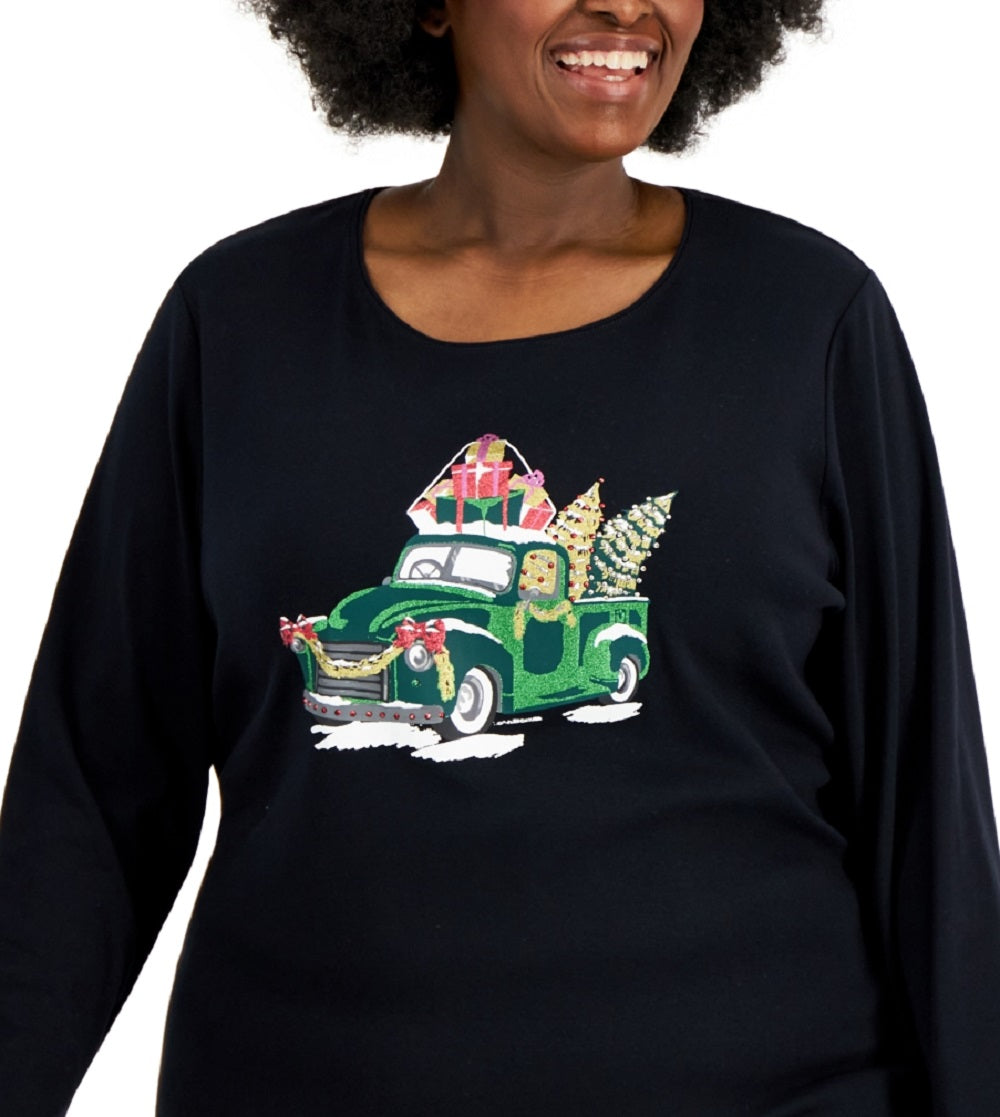 Top feminino Karen Scott com detalhes, preto, tamanho 2X