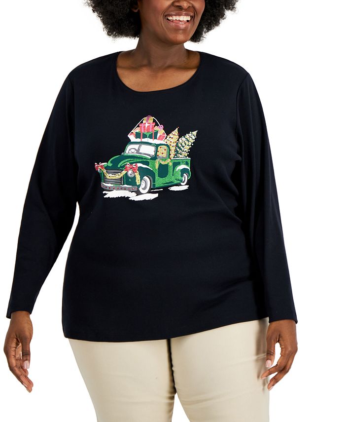 Top feminino Karen Scott com detalhes, preto, tamanho 3X