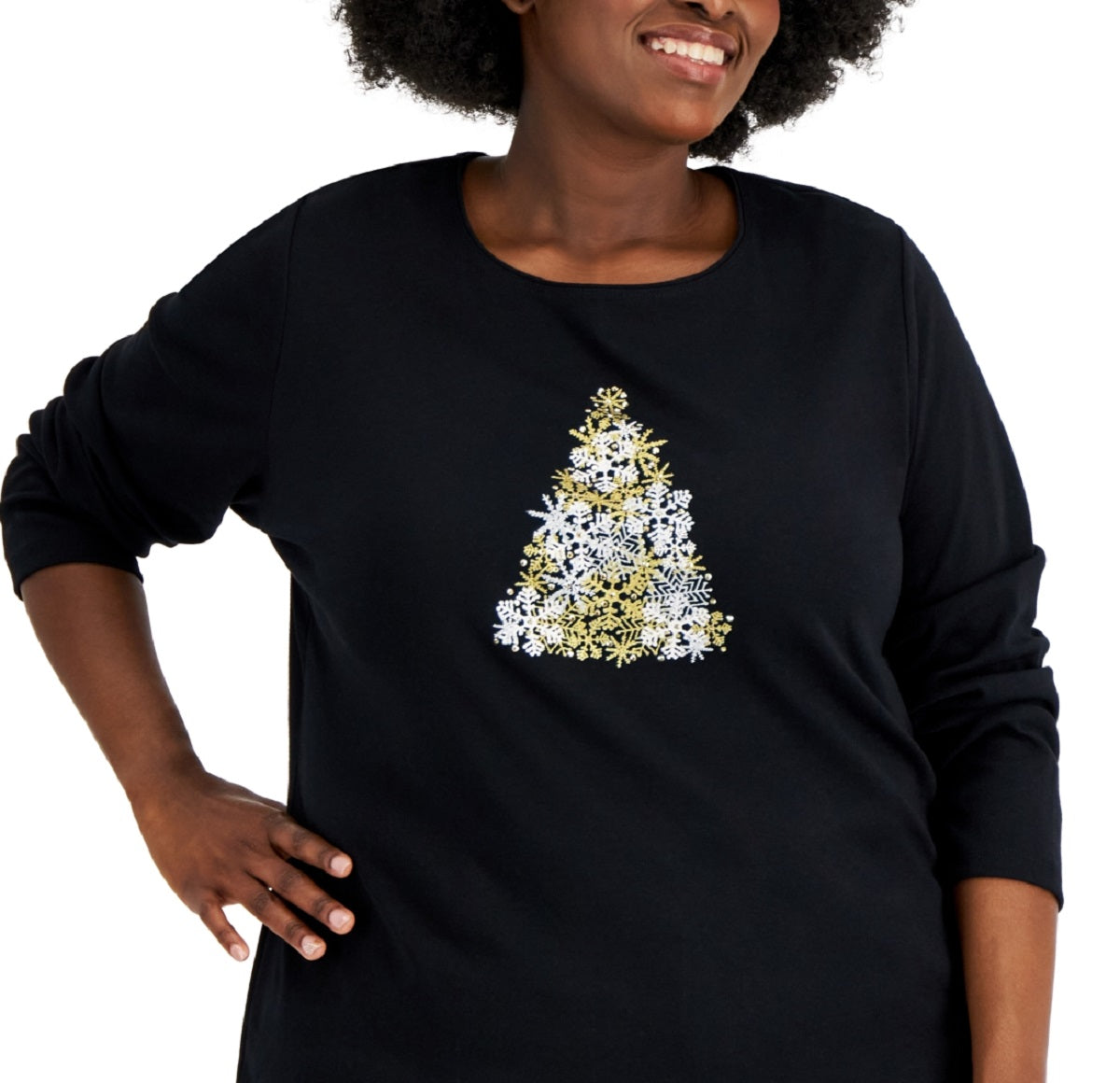 Blusa feminina Karen Scott com estampa de floco de neve e árvore, preta, tamanho 2X