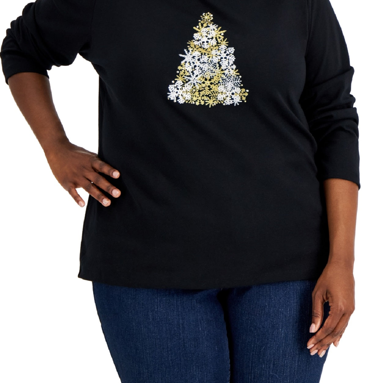 Blusa feminina Karen Scott com estampa de floco de neve e árvore, preta, tamanho 2X