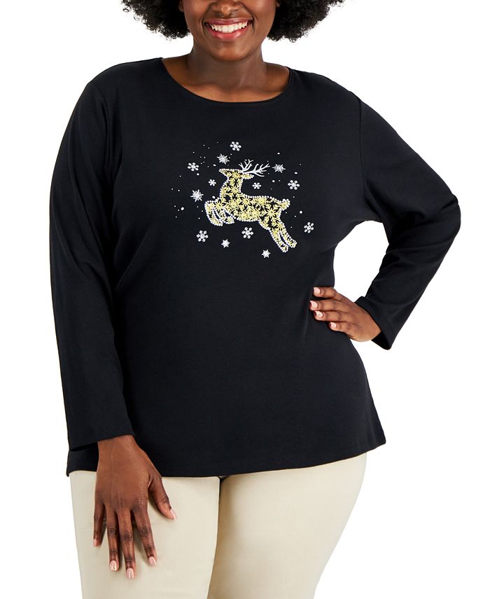 Karen Scott Blusa Feminina Estampada com Rena, Preta, Tamanho 0X