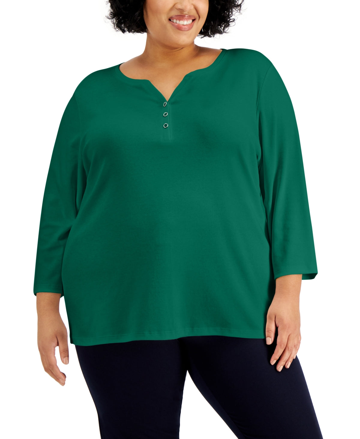 Karen Scott Top Henley Feminino Manga 3/4 Verde Tamanho 2X