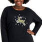 Karen Scott Blusa Feminina Estampada com Rena, Preta, Tamanho 4X