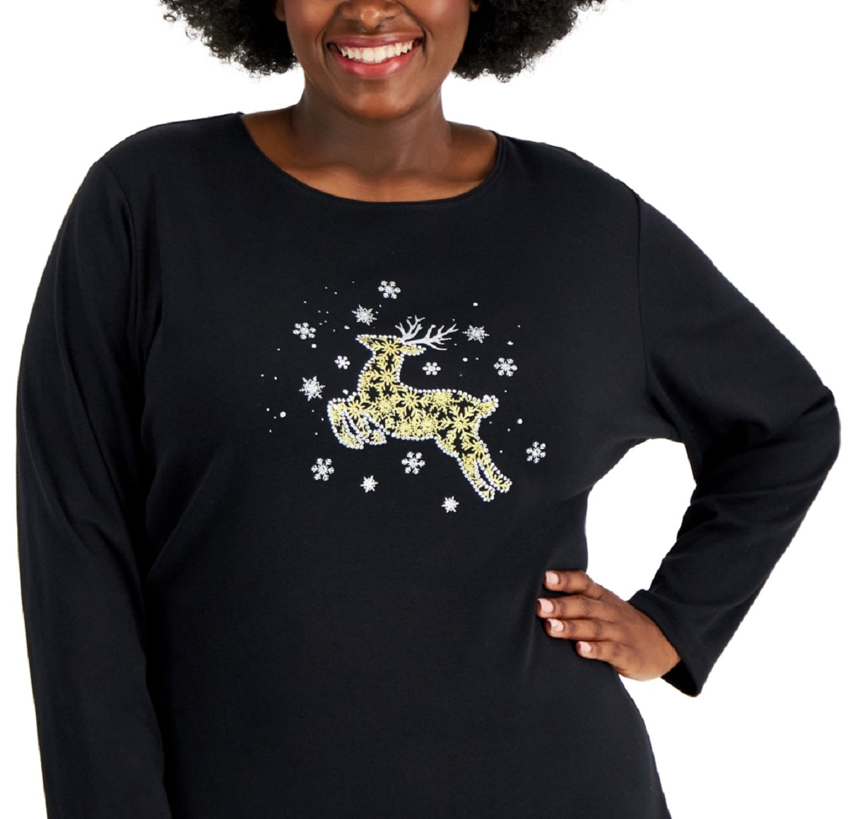 Karen Scott Blusa Feminina Estampada com Rena, Preta, Tamanho 4X