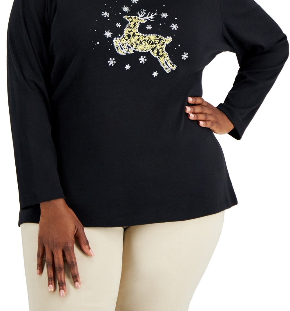 Karen Scott Blusa Feminina Estampada com Rena, Preta, Tamanho 4X