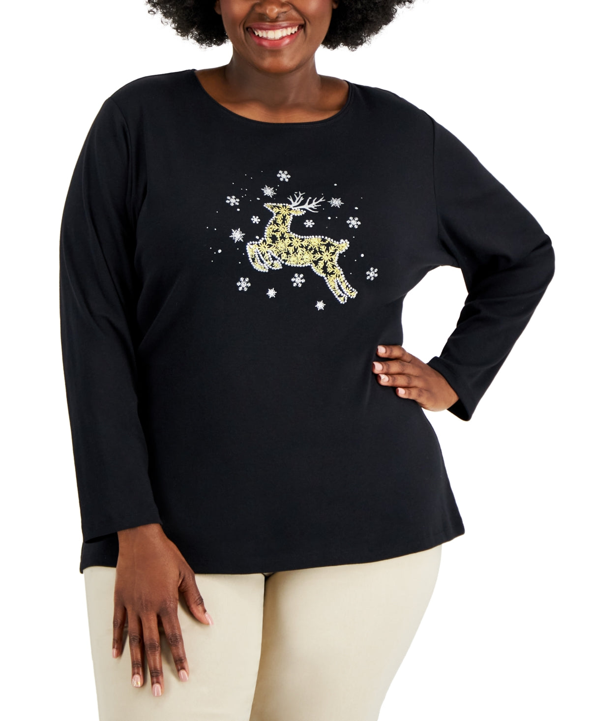 Karen Scott Blusa Feminina Estampada com Rena, Preta, Tamanho 4X