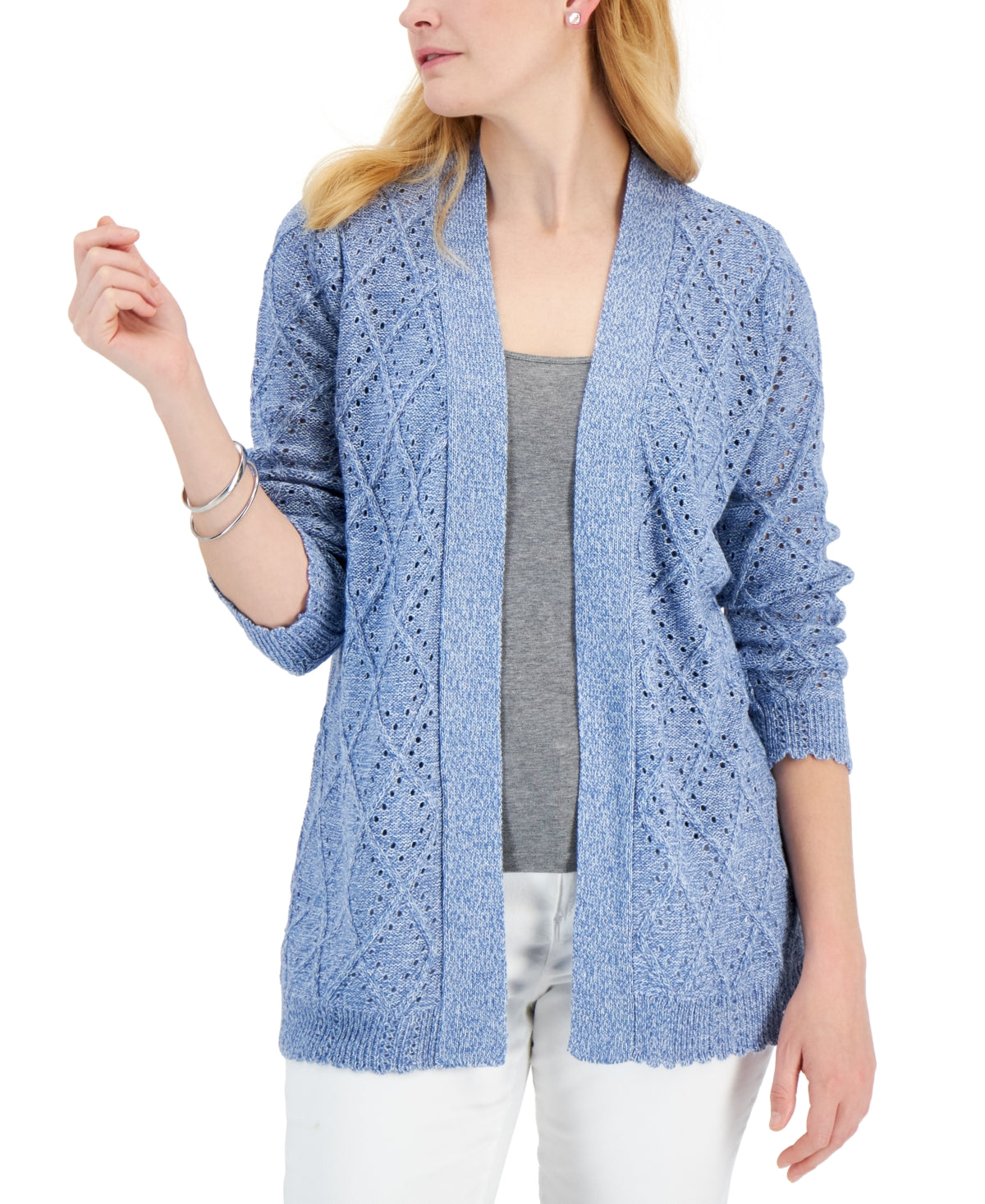 Karen Scott Cardigan Feminino de Tricô Diamante Frente Aberta Azul Tamanho XX-G