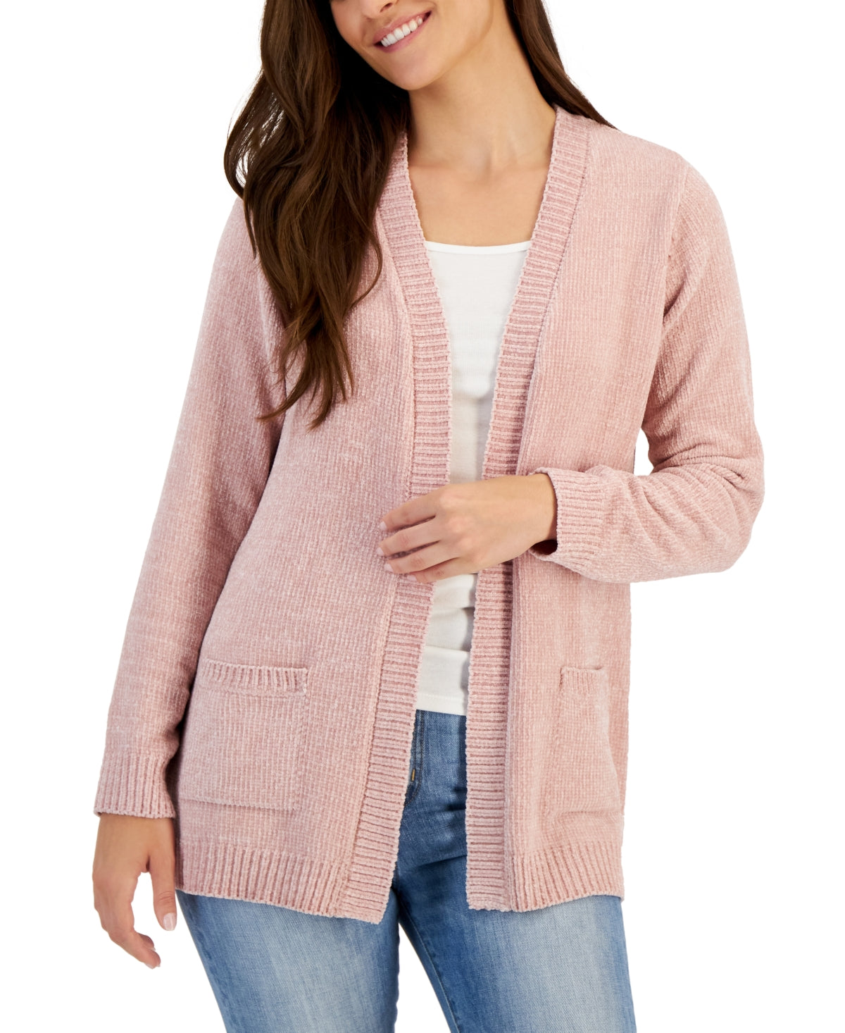 Karen Scott Cardigan Feminino Chenille com Bolso Patch Rosa Tamanho Médio