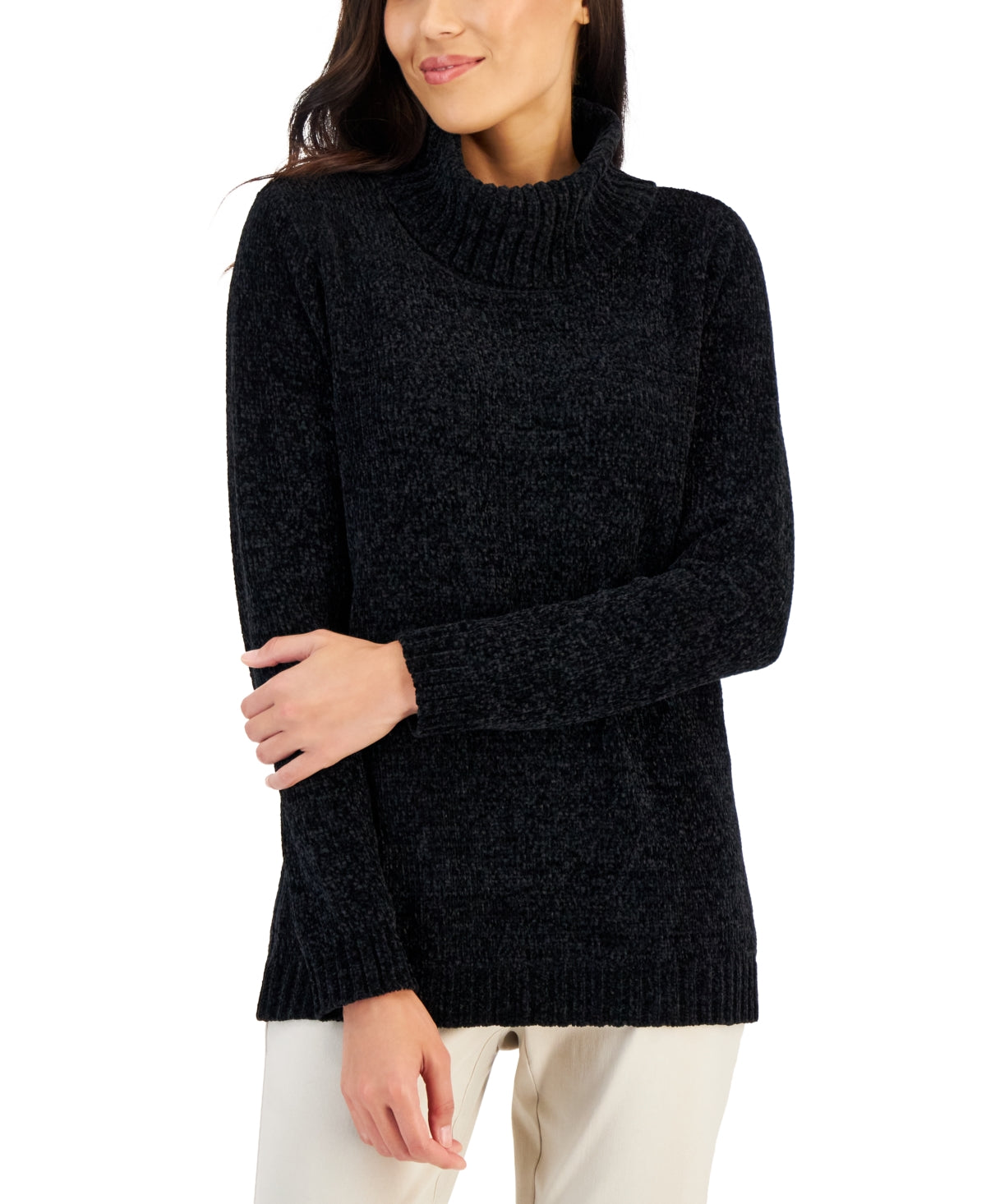 Karen Scott Suéter Feminino Chenille Gola Redonda Preto Tamanho Grande