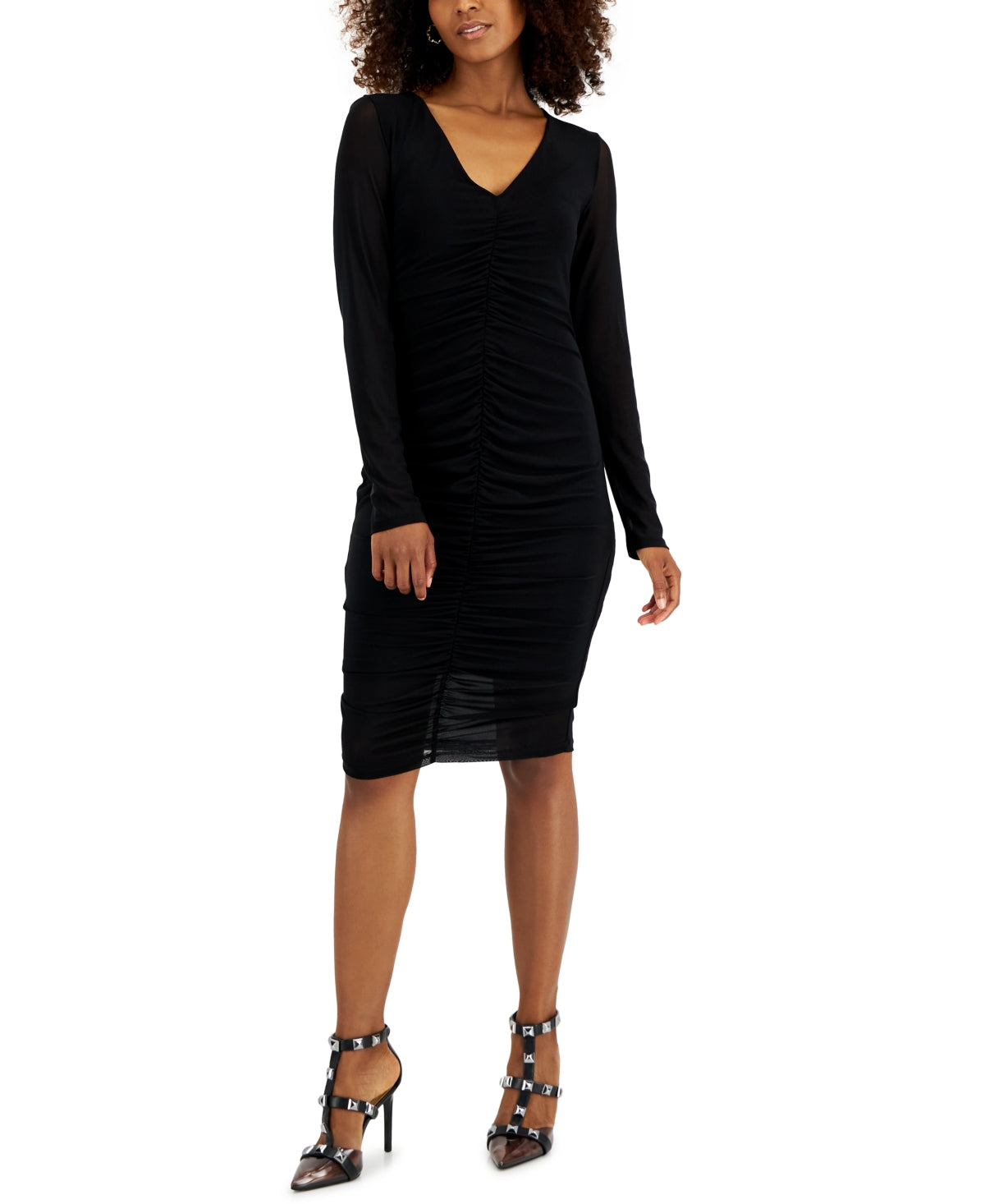 Vestido de malha franzido com decote em V feminino da INC International Concepts, preto, tamanho extragrande