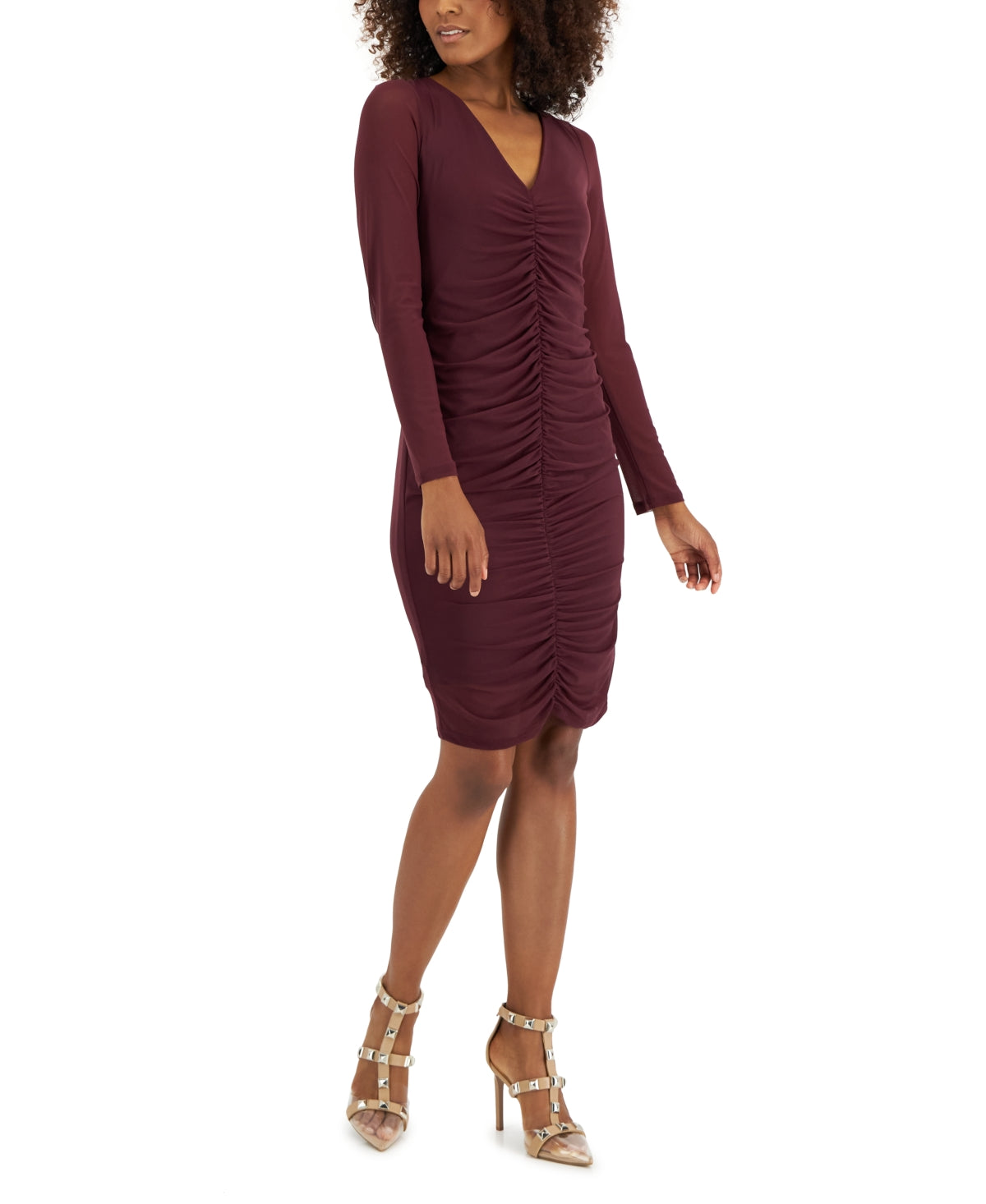 Vestido de malha franzido com decote em V feminino INC International Concepts, tamanho médio, vermelho
