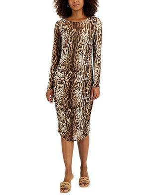 INC International Concepts Women's Leopard Print Mesh Dress Brown Size Small