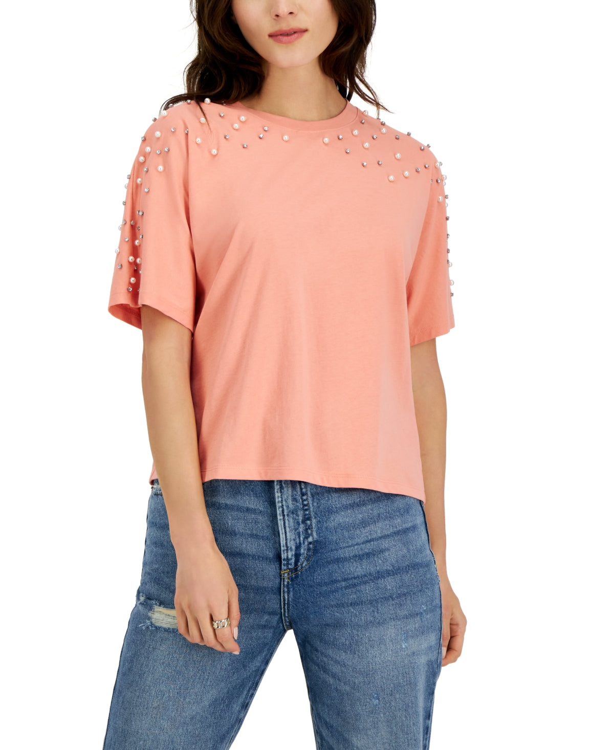 Camiseta feminina com manga dolman e detalhes embelezados da INC International Concepts, laranja, tamanho pequeno