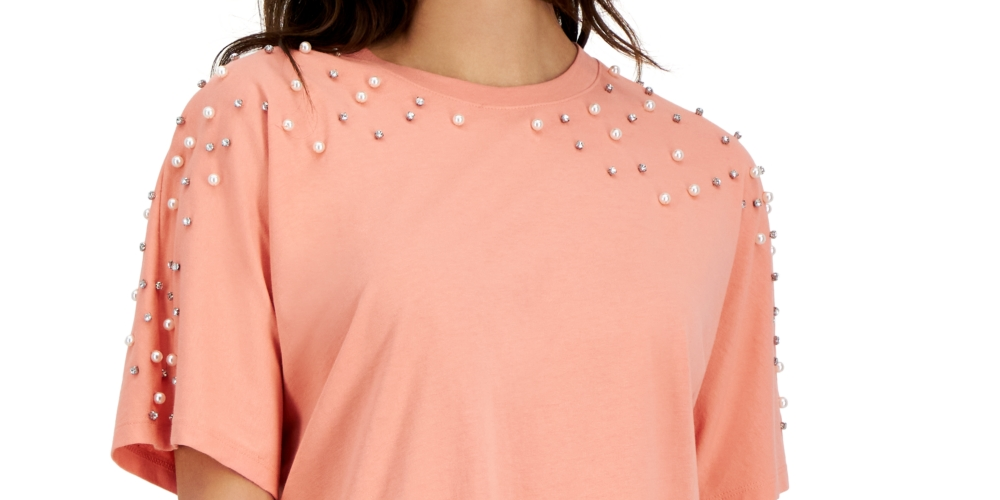 Camiseta feminina com manga dolman e detalhes embelezados da INC International Concepts, laranja, tamanho pequeno