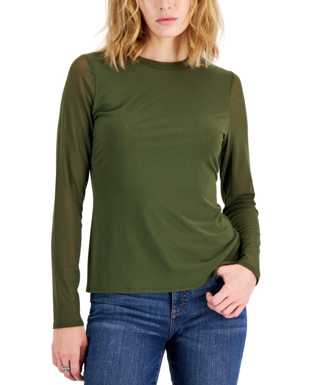 Blusa de malha com gola redonda feminina INC International Concepts, verde, tamanho médio