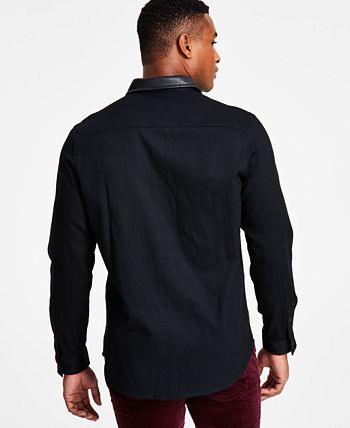 | Camisa masculina de botões, corte clássico e gola de couro sintético, preta, tamanho M, da Inc International Concepts