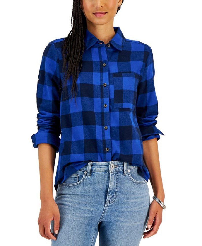 Camisa feminina de flanela escovada estilo &amp; co, azul, tamanho pequeno pequeno