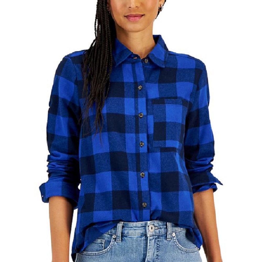 Camisa feminina de flanela escovada estilo &amp; co, azul, tamanho pequeno pequeno