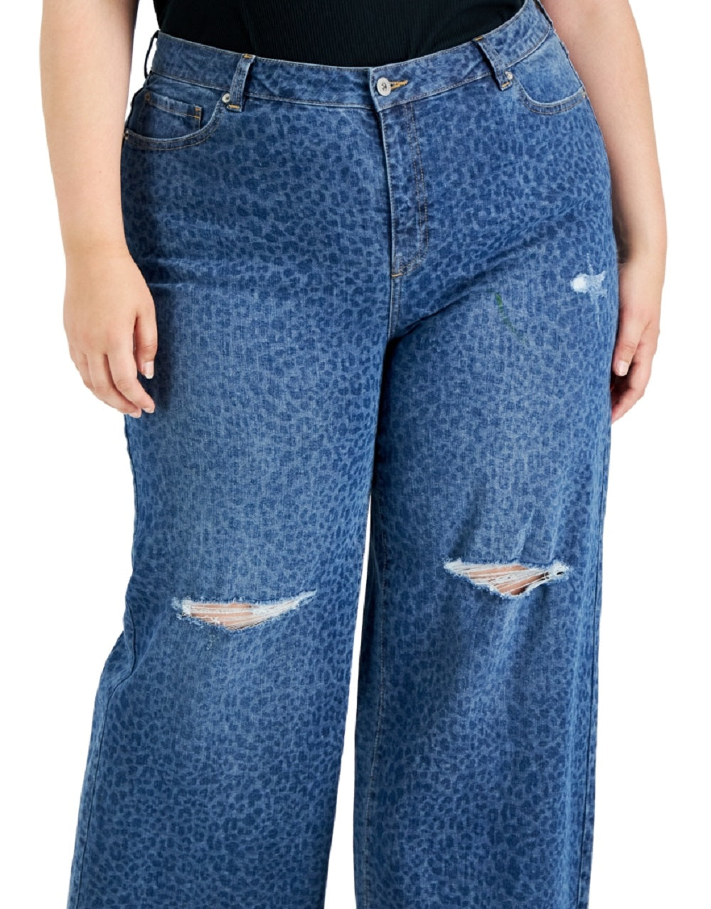 Calça jeans feminina com estampa de chita e perna larga destruída da INC International Concepts, azul, tamanho 18W