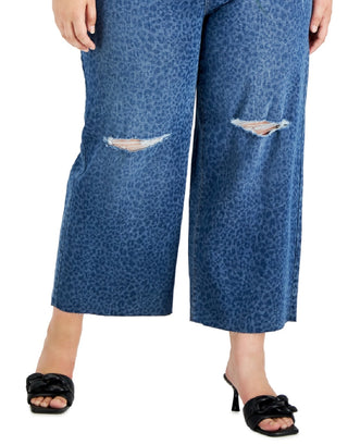 Calça jeans feminina com estampa de chita e perna larga destruída da INC International Concepts, azul, tamanho 18W