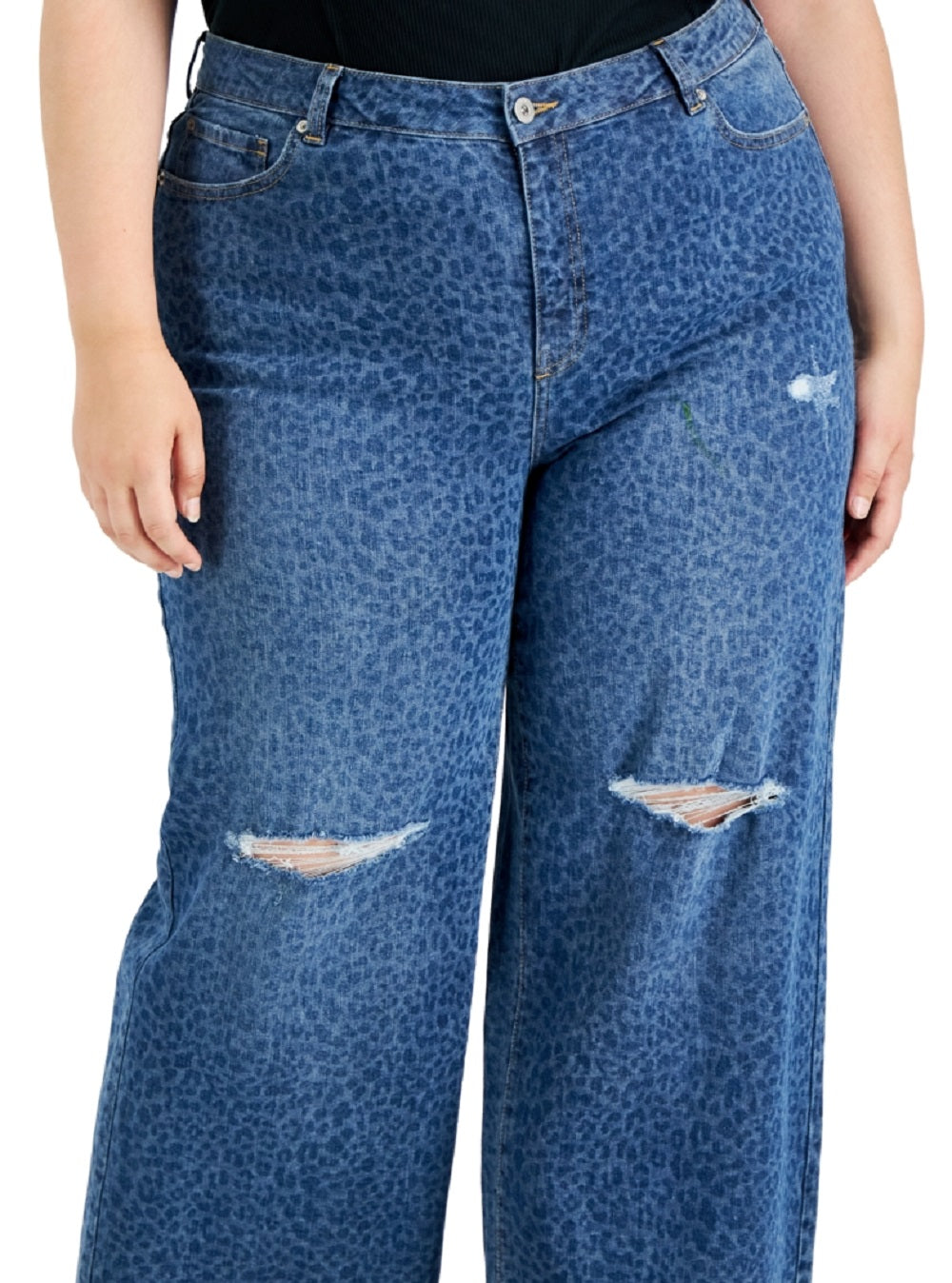 Calça jeans feminina com estampa de chita e perna larga destruída da INC International Concepts, tamanho pequeno e azul