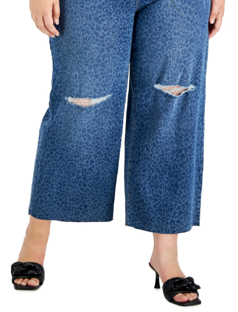 Calça jeans feminina com estampa de chita e perna larga destruída da INC International Concepts, tamanho pequeno e azul