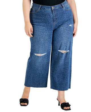 INC International Concepts Women's Cheetah Print Destructed Wide Leg Jeans Blue Size Petite Small