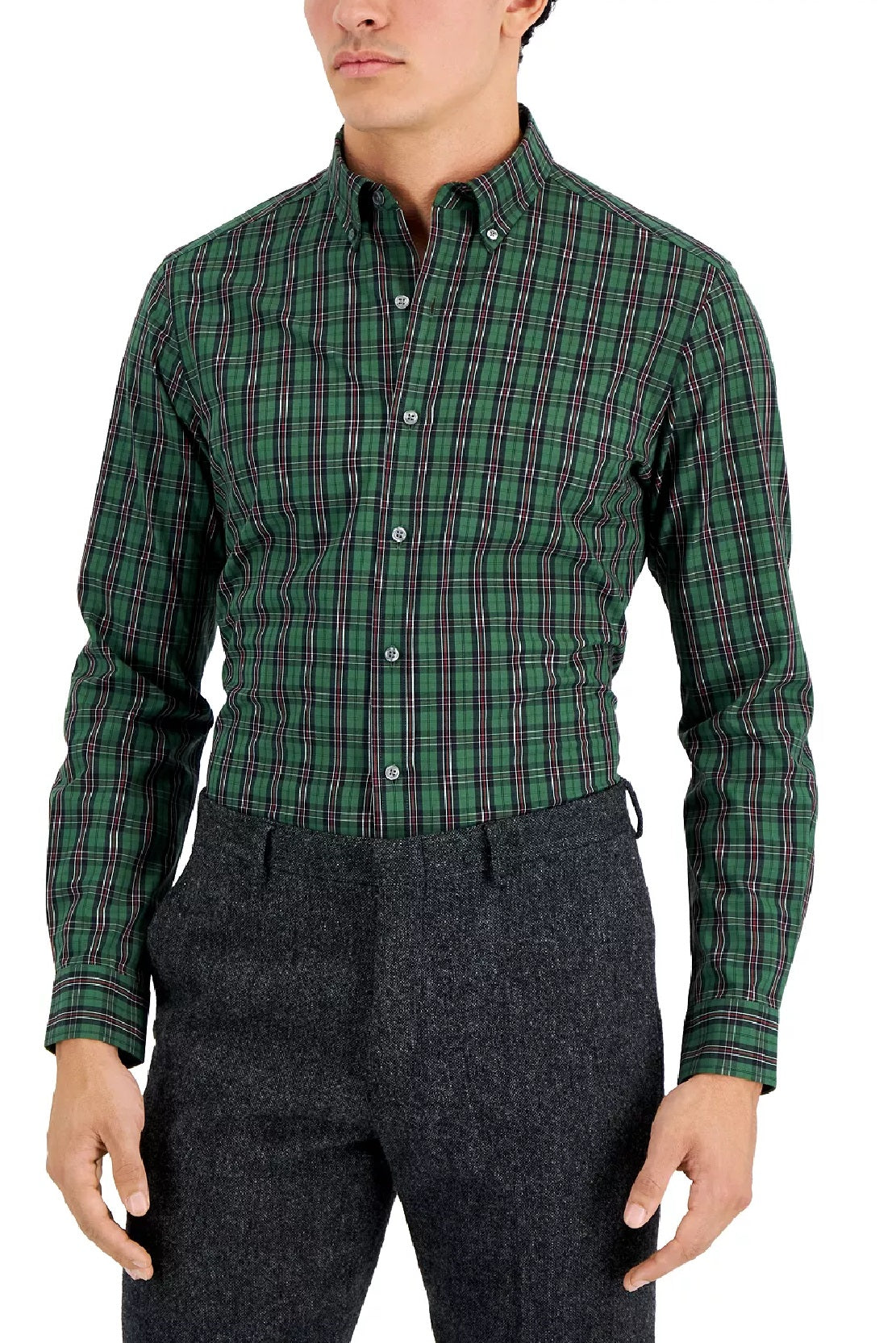 Camisa social masculina Club Room Slim Fit com elasticidade em 4 direções, xadrez, verde, tamanho extragrande