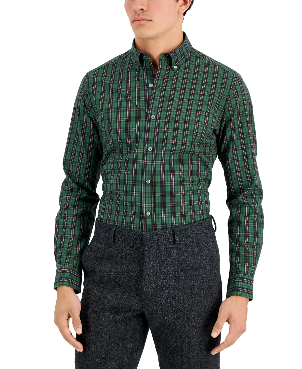 Camisa social masculina Club Room Slim Fit com elasticidade em 4 direções, xadrez, verde, tamanho XX-G
