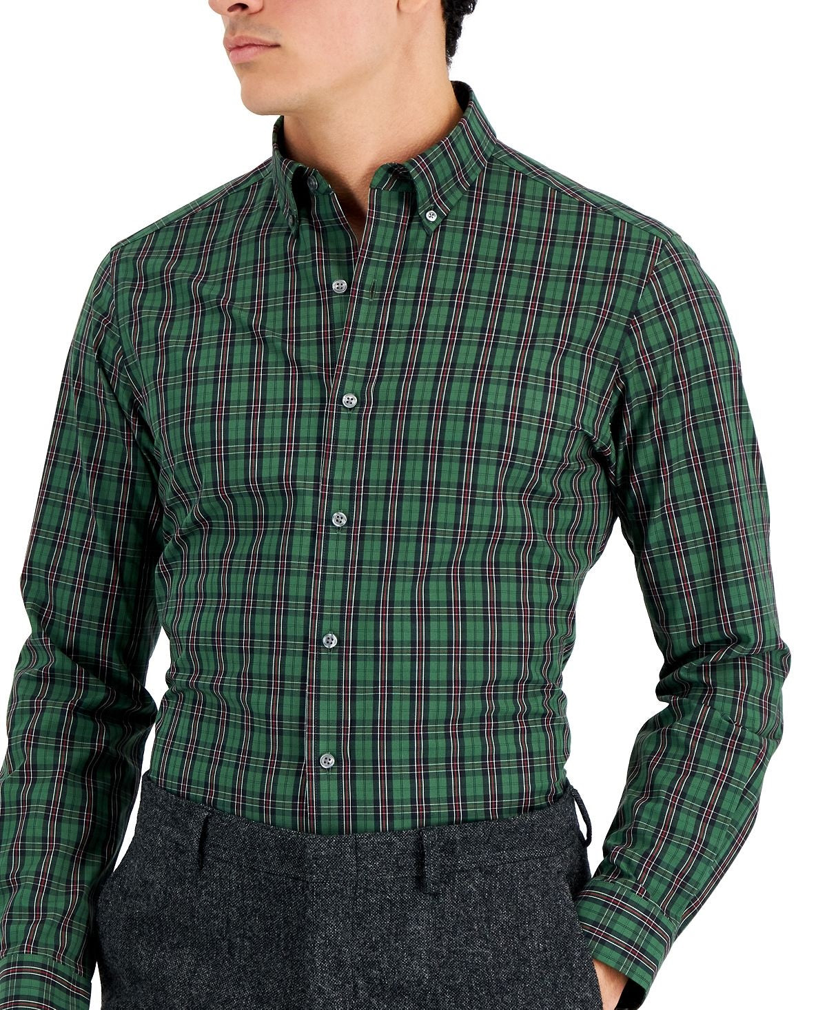 Camisa social masculina Club Room Slim Fit com elasticidade em 4 direções, xadrez, verde, tamanho XX-G