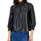 Blusa feminina INC International Concepts de couro sintético com gola franzida, preta, tamanho médio