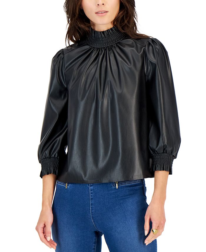 Blusa feminina INC International Concepts de couro sintético com gola franzida, preta, tamanho médio