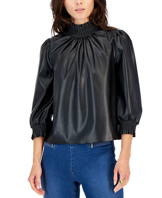 Blusa feminina INC International Concepts de couro sintético com gola franzida, preta, tamanho médio