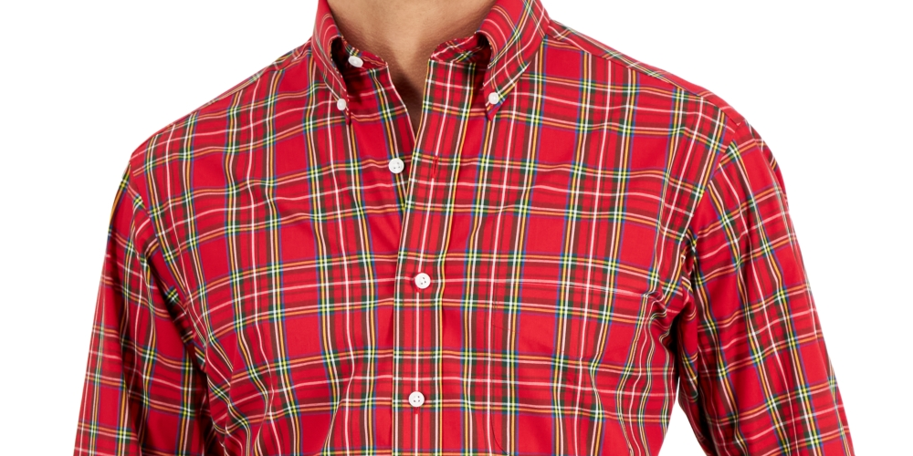 Camisa social masculina de algodão com ajuste regular Club Room, vermelha, tamanho 16,5 x 34 x 35