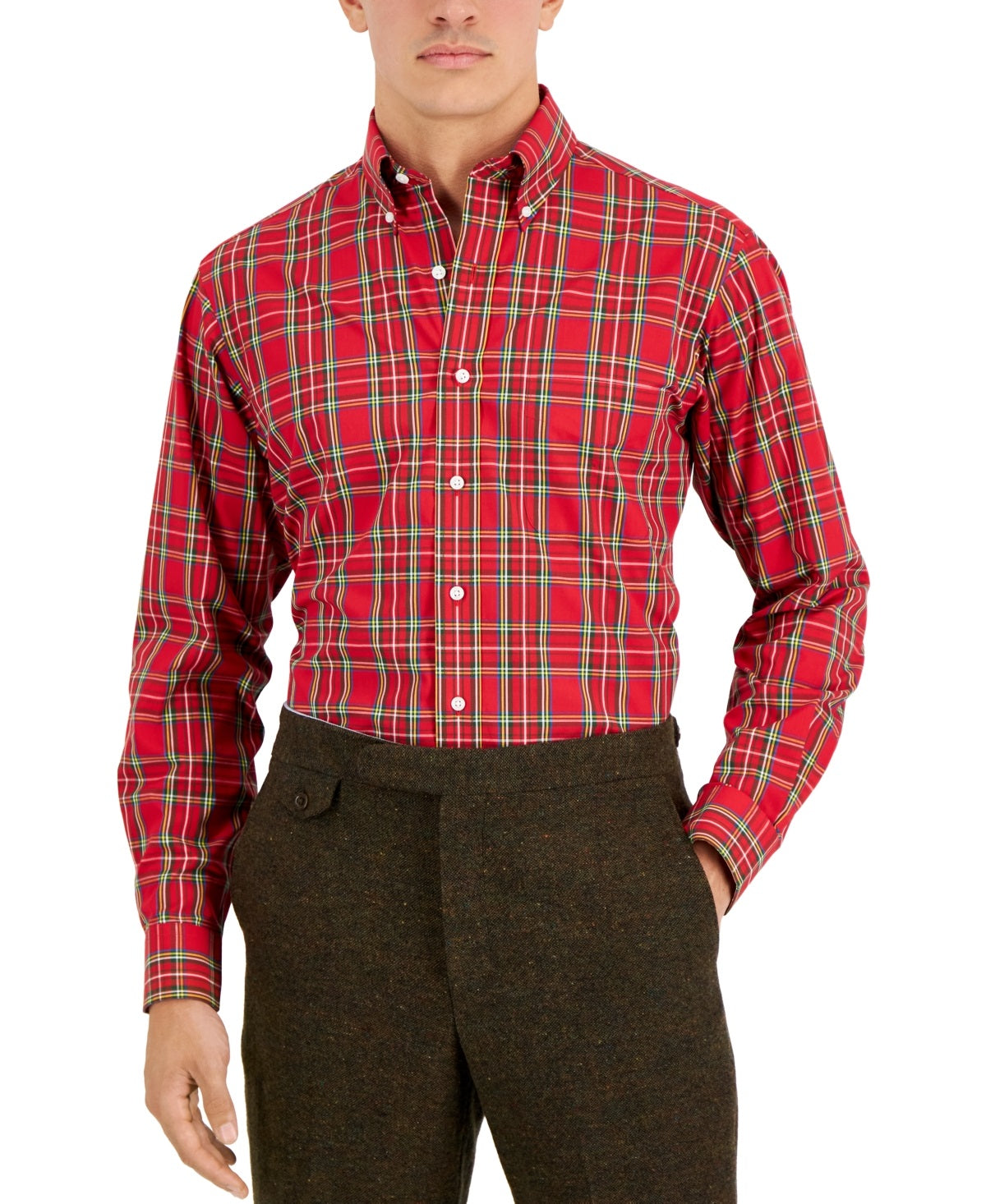 Camisa social masculina de algodão com ajuste regular Club Room, vermelha, tamanho 18,5 x 34 x 35